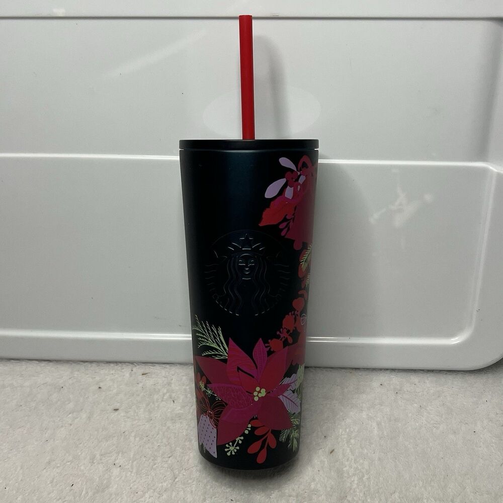 Starbucks Holiday Christmas 2021 Dark Green Poinsettia Metal Tumbler 16oz New